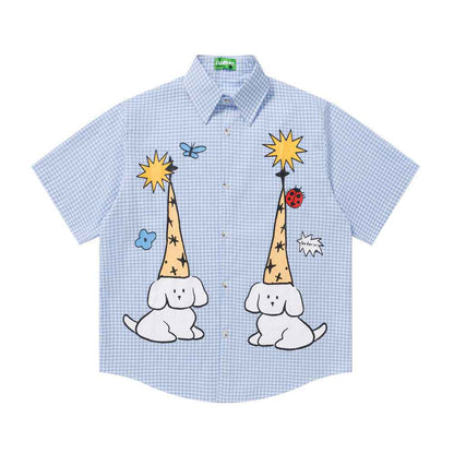 Fun cartoon dog print checkered short sleeved shirt Blue
