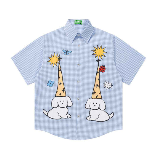 Fun cartoon dog print checkered short sleeved shirt Blue