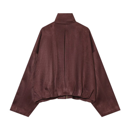High neck long sleeved suede texture effect with strap decoration short jacket