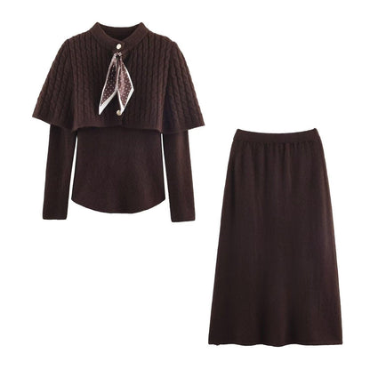 Women's Knit Three-Piece Set with Scarf Sleeve Top and Matching Pants | MuddyStock Originals Brown Set