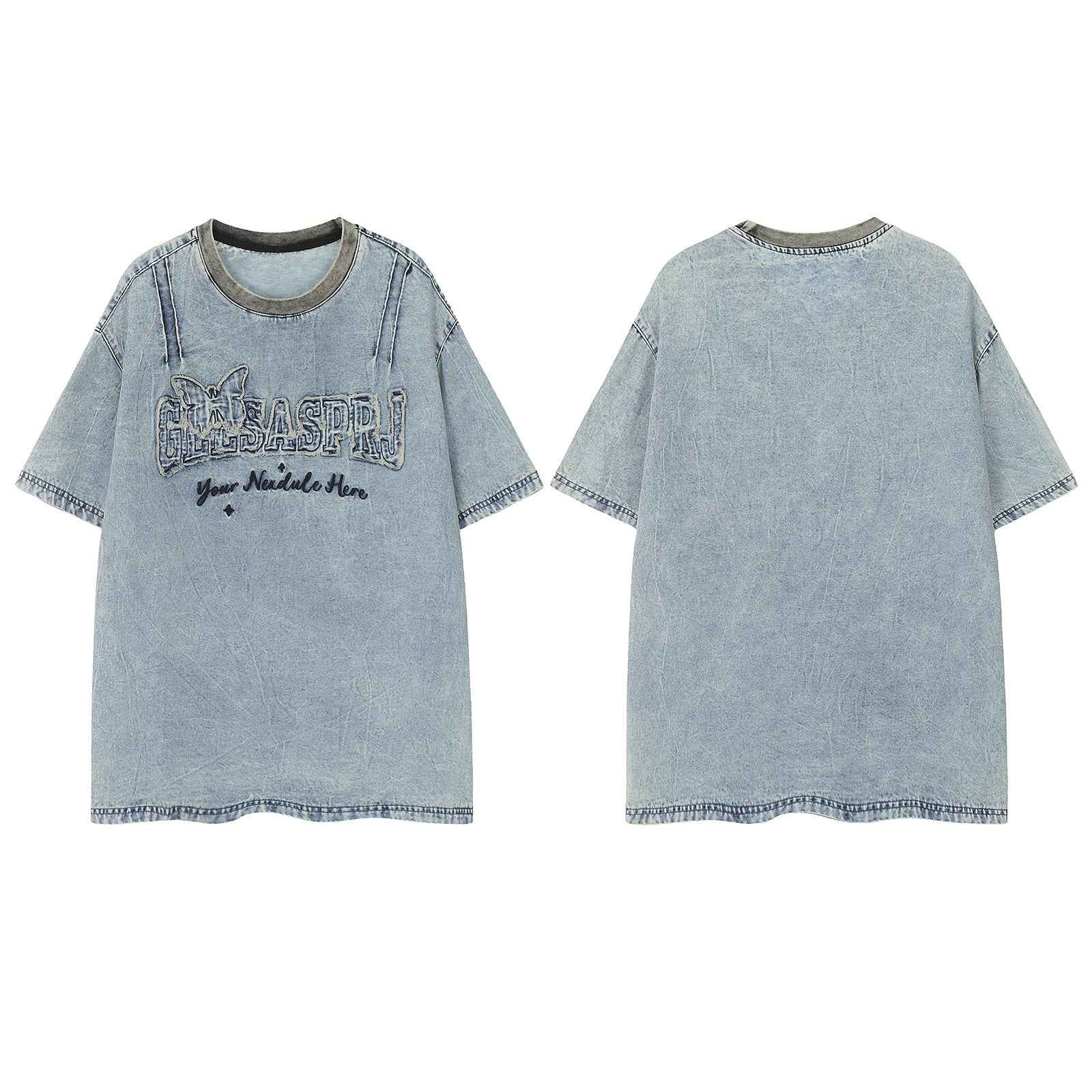 Retro Butterfly Letter Patch Embroidery Denim Short Sleeve T-Shirt For Men And Women | MuddyStock Originals MuddyStock