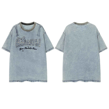 Retro Butterfly Letter Patch Embroidery Denim Short Sleeve T-Shirt For Men And Women | MuddyStock Originals MuddyStock