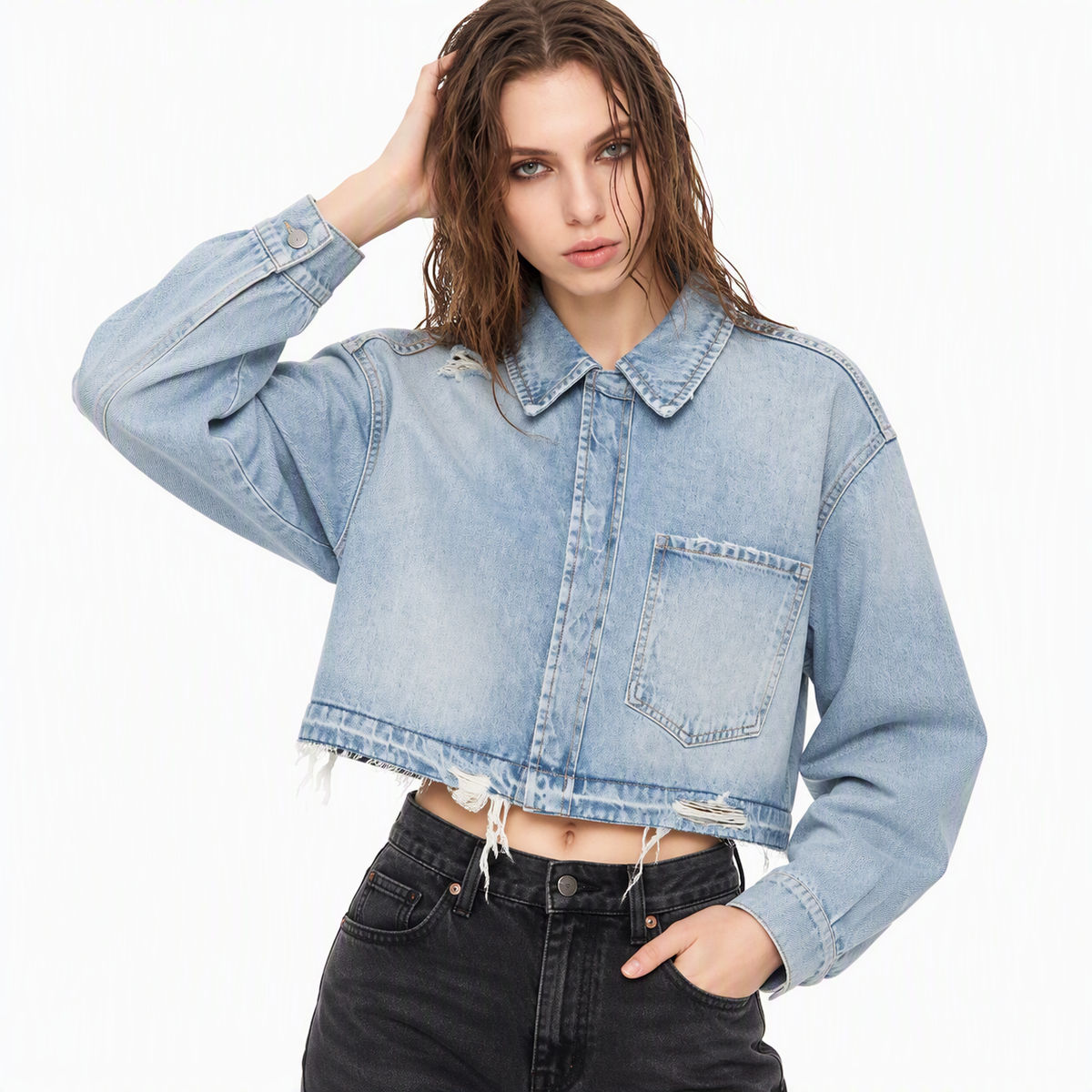 Collar denim long sleeved jacket for women | MuddyStock Originals