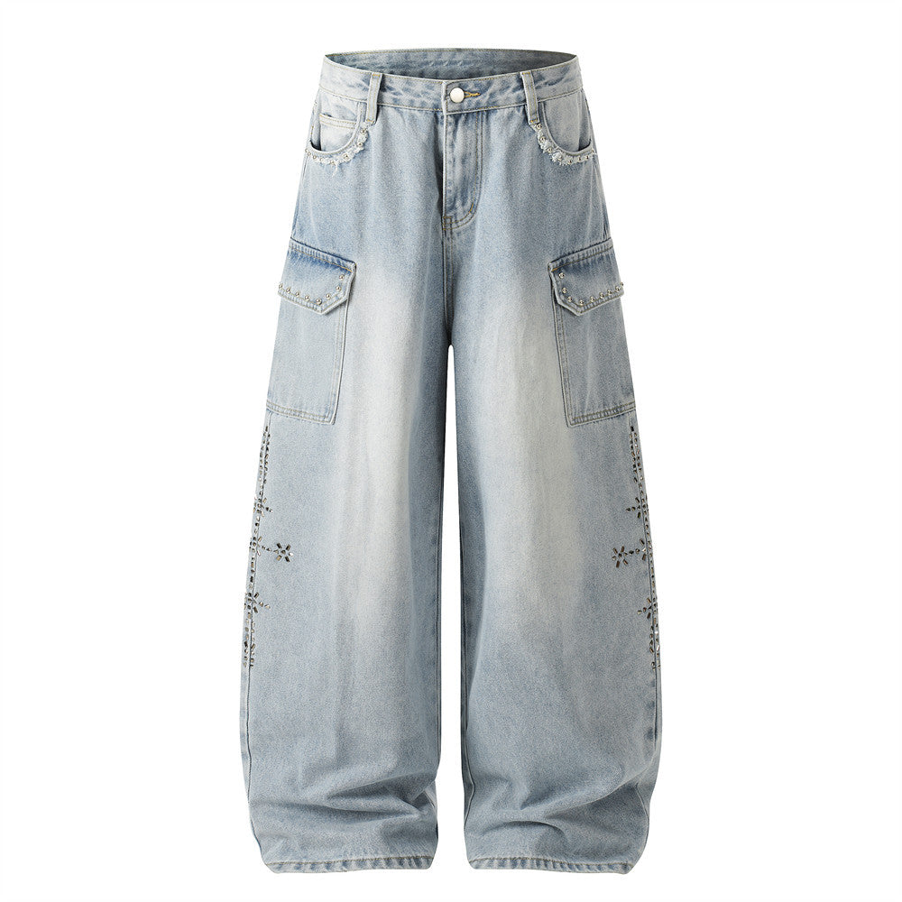 Stamping decorative wide leg denim pants for women | MuddyStock Originals