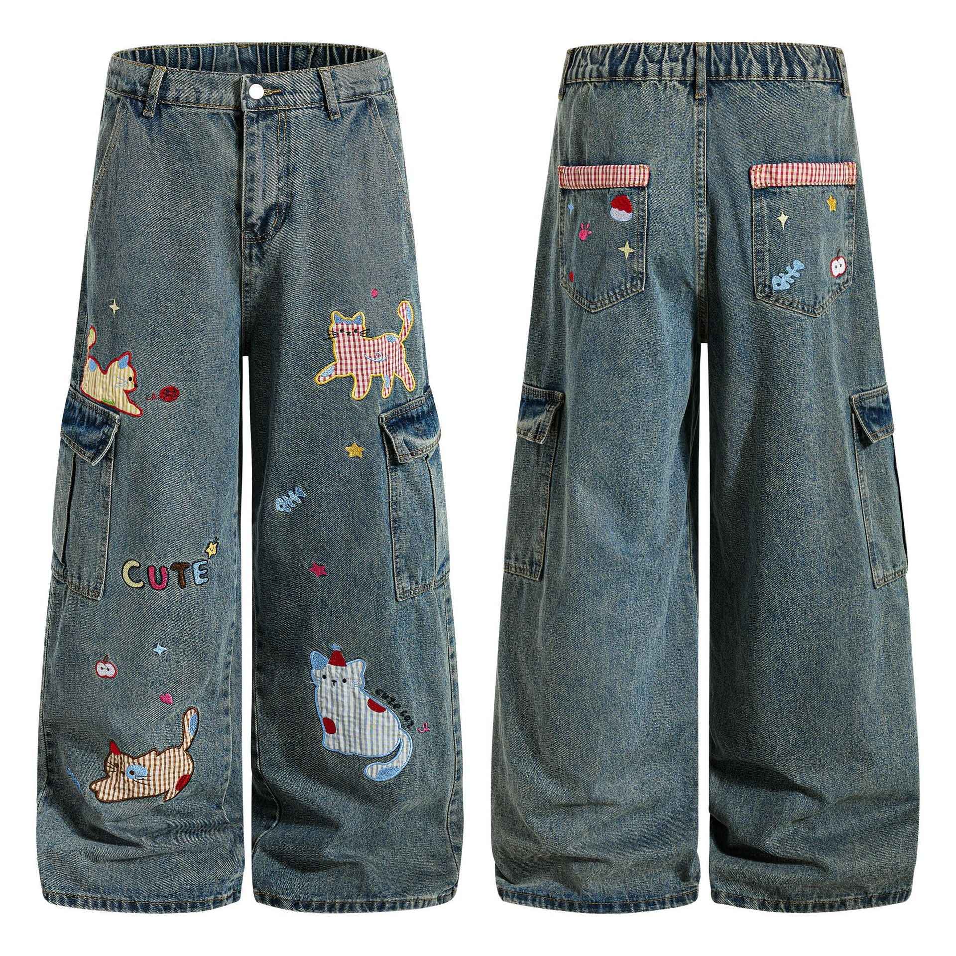 Cartoon cat washed straight leg jeans for women | MuddyStock Originals