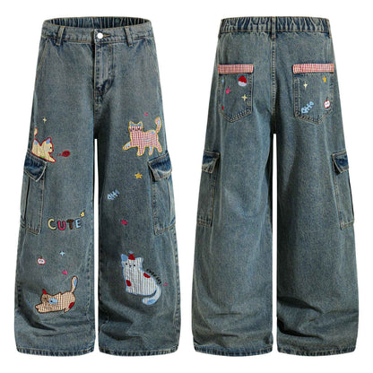 Cartoon cat washed straight leg jeans for women | MuddyStock Originals