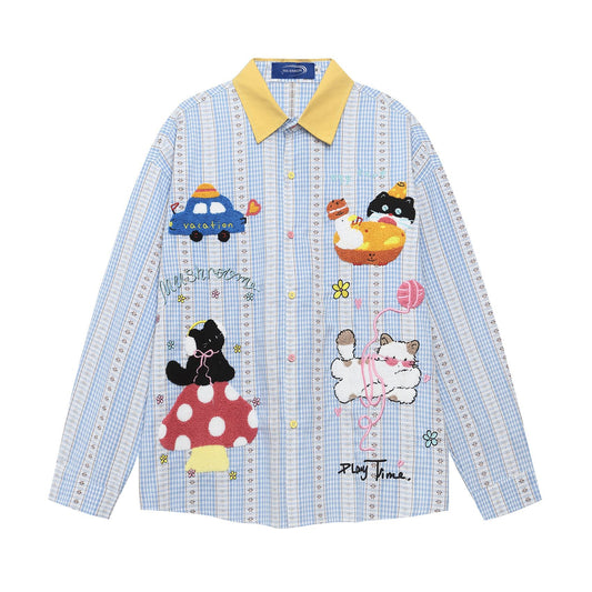Color-Blocking Checkered Long Sleeve Shirt Men Loose