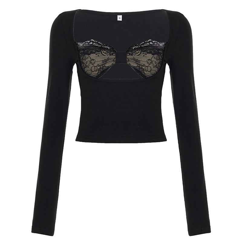 Lace patchwork fake two slim top | MuddyStock Originals Black