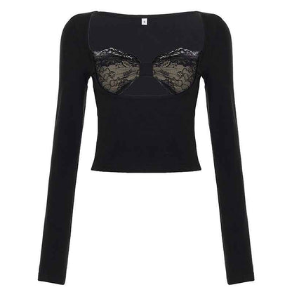 Lace patchwork fake two slim top | MuddyStock Originals Black