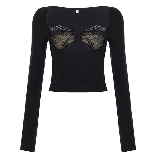 Lace patchwork fake two slim top | MuddyStock Originals Black