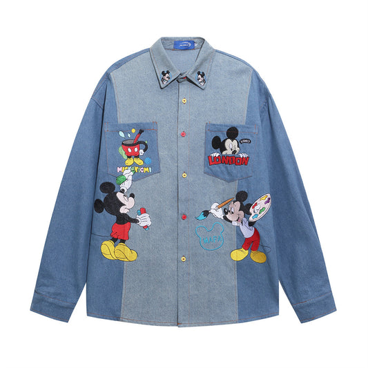 Mickey cartoon embroidered denim shirt for women | MuddyStock Originals Denim Blue eprolo