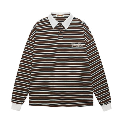 Retro Striped Letter Embroidered Polo Collar Long Sleeve T-Shirt For Men | MuddyStock Originals Khaki eprolo