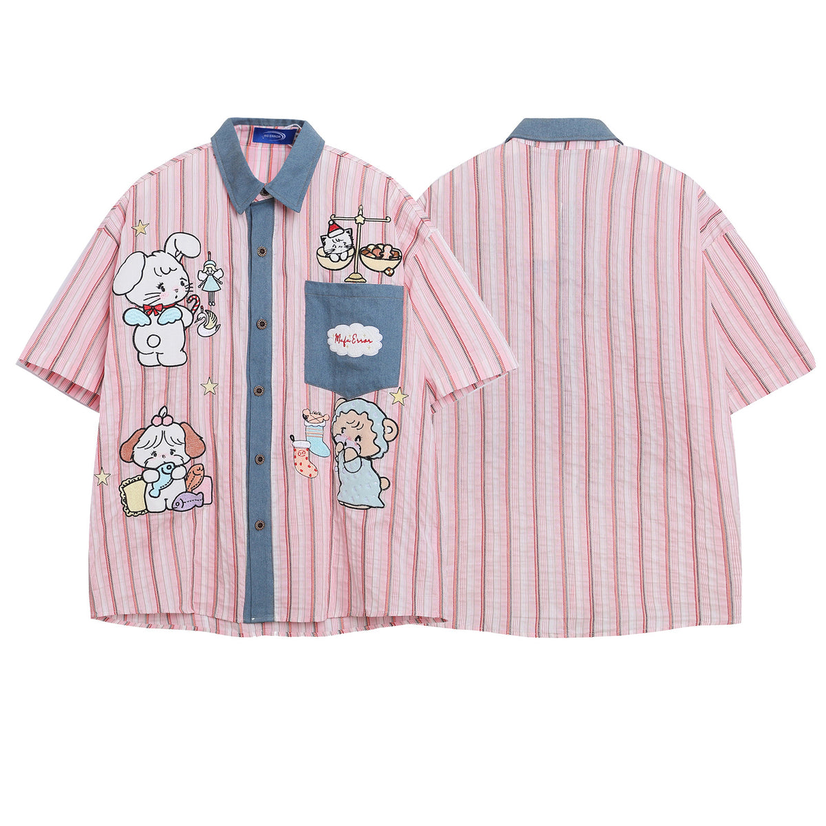 Cartoon Embroidery Patchwork Denim Design Short Sleeve Shirt Unisex Loose Casual Blouse