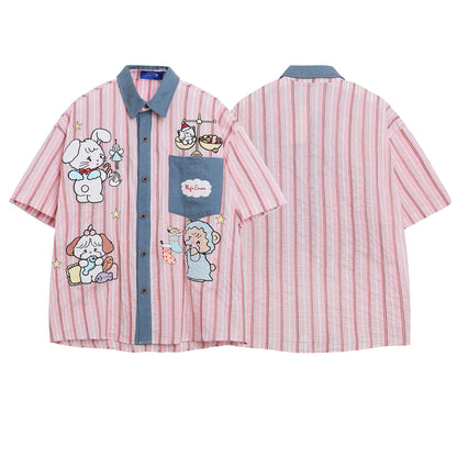 Cartoon Embroidery Patchwork Denim Design Short Sleeve Shirt Unisex Loose Casual Blouse