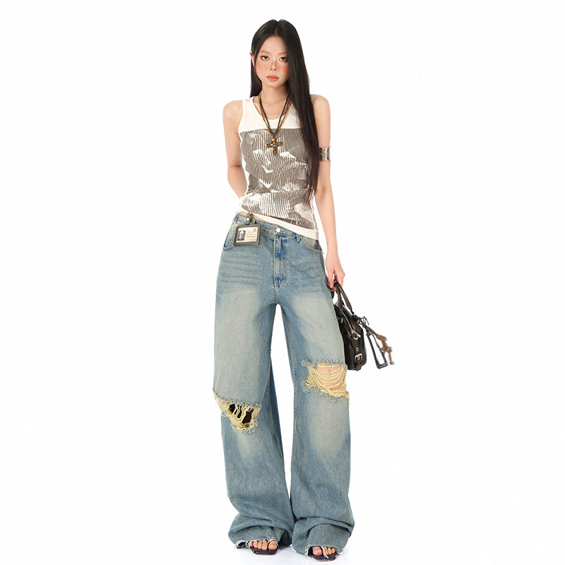 Women's Distressed Straight High Waist Loose Wide Leg Pants | MuddyStock Originals MuddyStock