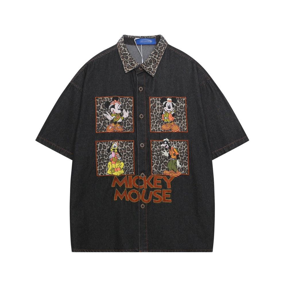 Fun Cartoon Leopard Print Applique Short Sleeve Shirt For Men And Women | MuddyStock Originals Black eprolo