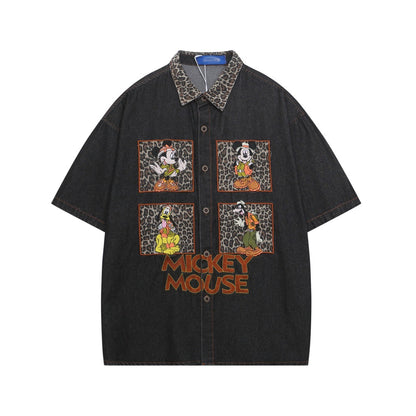 Fun Cartoon Leopard Print Applique Short Sleeve Shirt For Men And Women | MuddyStock Originals Black eprolo