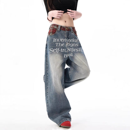 Retro Washed Letter Print Men's Wide-Leg Loose Straight Leg Jeans