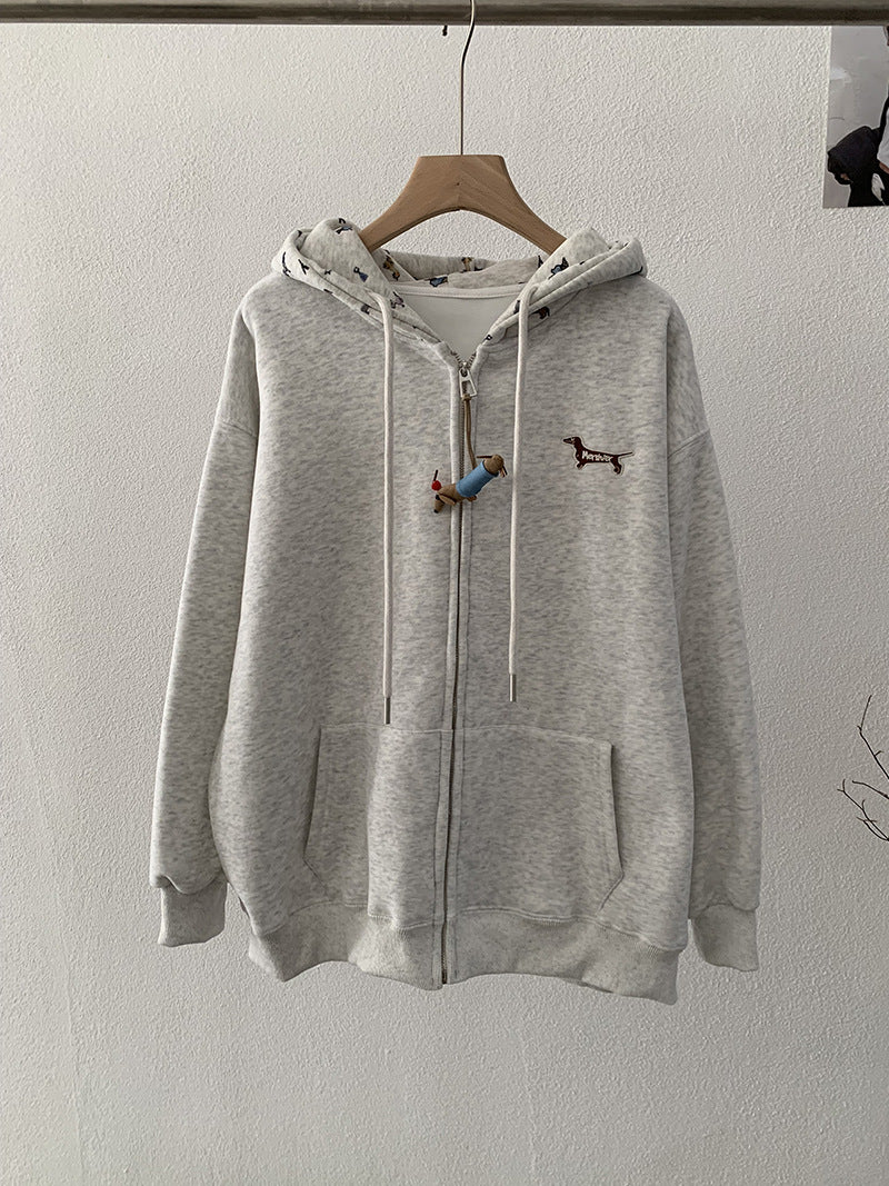 Embroidered Dog Print Hooded Zipper Sweatshirt Jacket Loose Casual Open Front Top Milk gray One Size eprolo