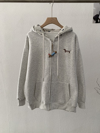 Embroidered Dog Print Hooded Zipper Sweatshirt Jacket Loose Casual Open Front Top Milk gray One Size eprolo