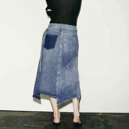 Vintage Blue Stitching Asymmetric Denim Skirt For Women | MuddyStock Originals