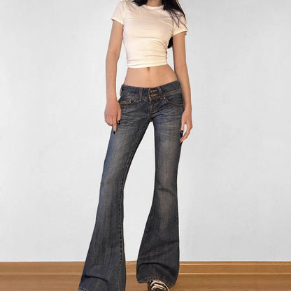 Street Style Faded Low Waist Skinny Flare Jeans Retro Slimming Hip-Lifting Casual Long Pants