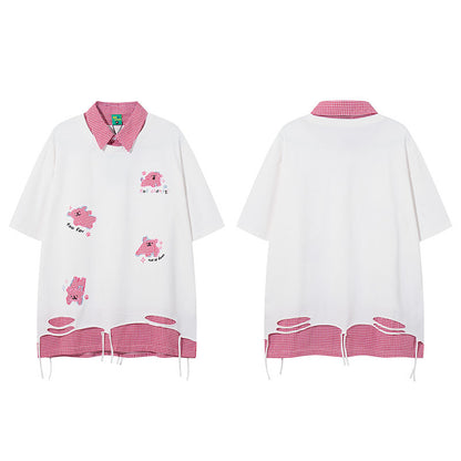 Loose Turn-down Collar Short Sleeve T-Shirt For Women | MuddyStock Originals 2506-White MuddyStock