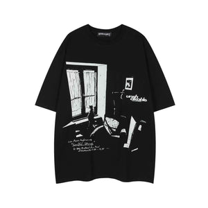Retro Lonely Cat Print Round Neck Short Sleeve T-Shirt For Men And Women | MuddyStock Originals Black