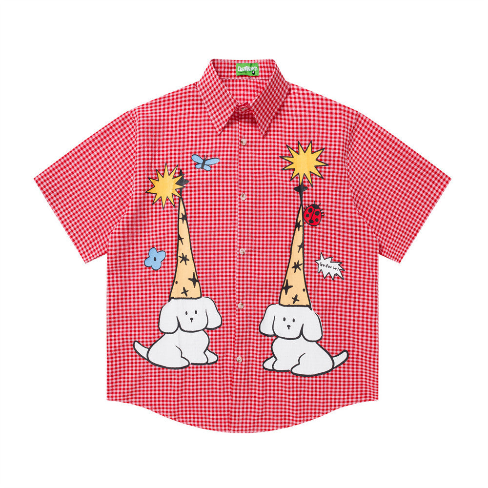 Fun cartoon dog print checkered short sleeved shirt Red
