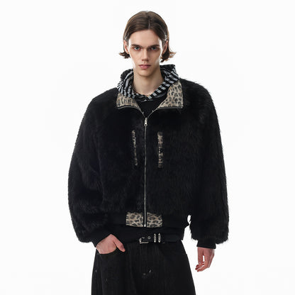 Punk Street Style Reversible Faux Fur Stand Collar Loose Fit Men's Leopard Print Winter Cotton Coat