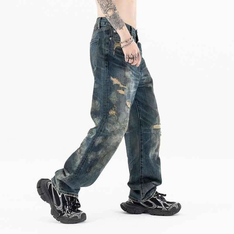 Men's High-End Distressed and Slashed Design Straight Jeans | MuddyStock Originals