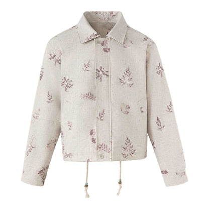 Plant Print Drawstring Closure Lapel Collar Cropped Jacket For Women