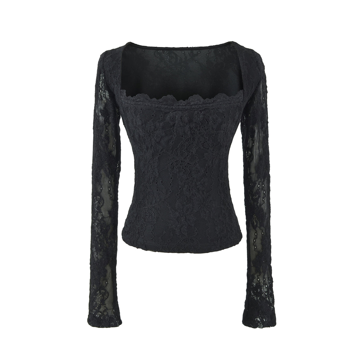 Double-Layer Embossed Long Sleeve Square Neck T-Shirt for Women Black