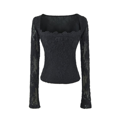 Double-Layer Embossed Long Sleeve Square Neck T-Shirt for Women Black