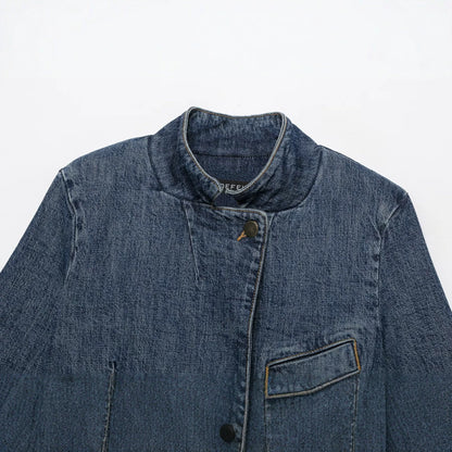Versatile short sleeved stand up collar denim suit jacket