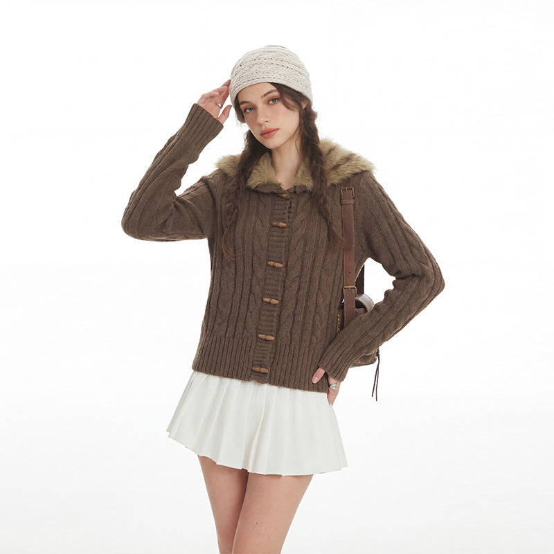 Fitted Slimming Stylish Knit Jacket with Fur Collar For Women | MuddyStock Originals