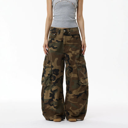 Vintage Street Washed Pocket Knife Camouflage Cargo Pants Men's INS Fashion Wide Leg Jeans Long Pants