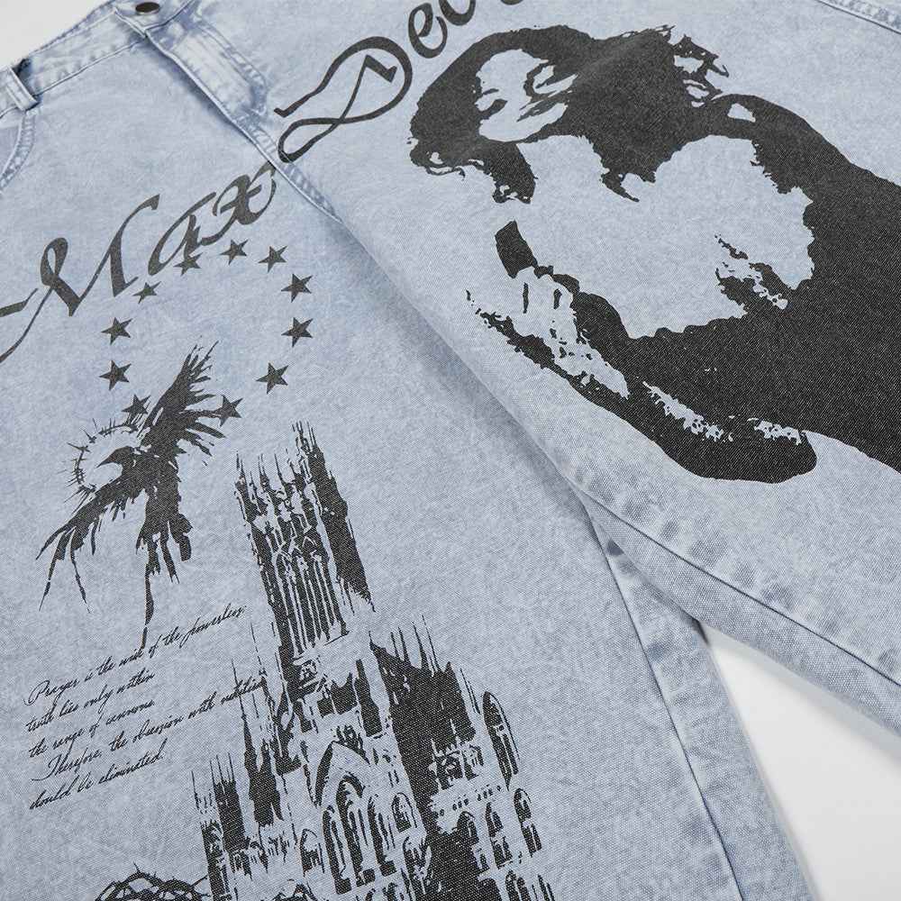 Character printed denim cropped pants