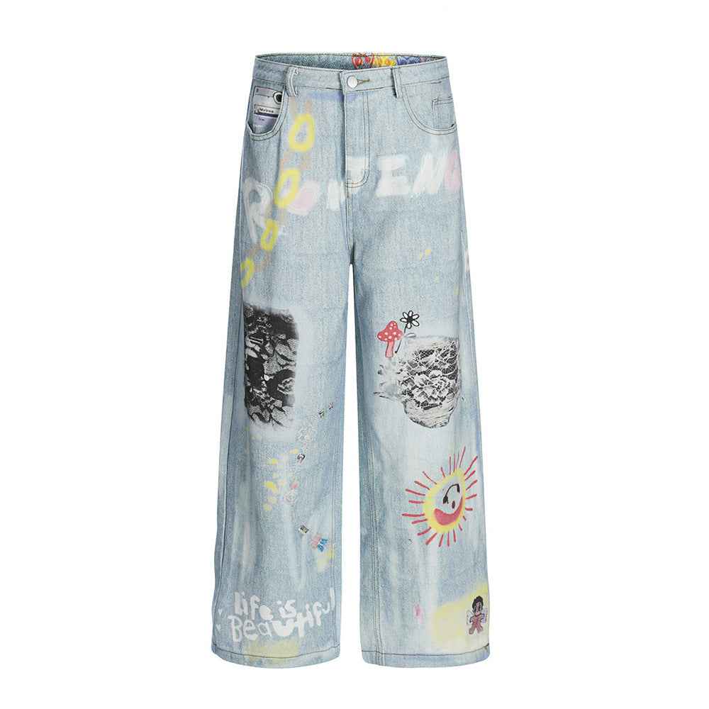 Graffiti printed wide leg jeans for men | MuddyStock Originals Blue