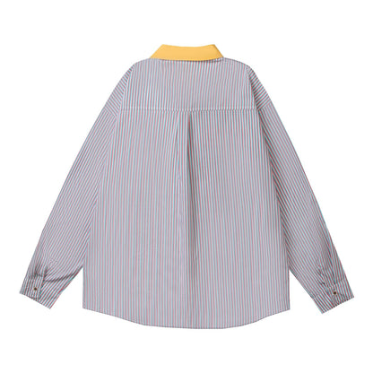 Retro Cartoon Applique Patchwork Striped Long Sleeve Shirt Unisex Personality Loose BF Couple Blouse
