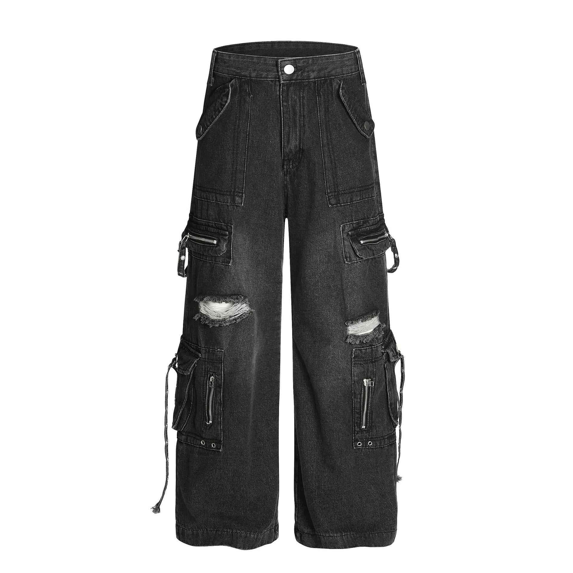 Retro ripped multi pocket workwear jeans for men | MuddyStock Originals Black