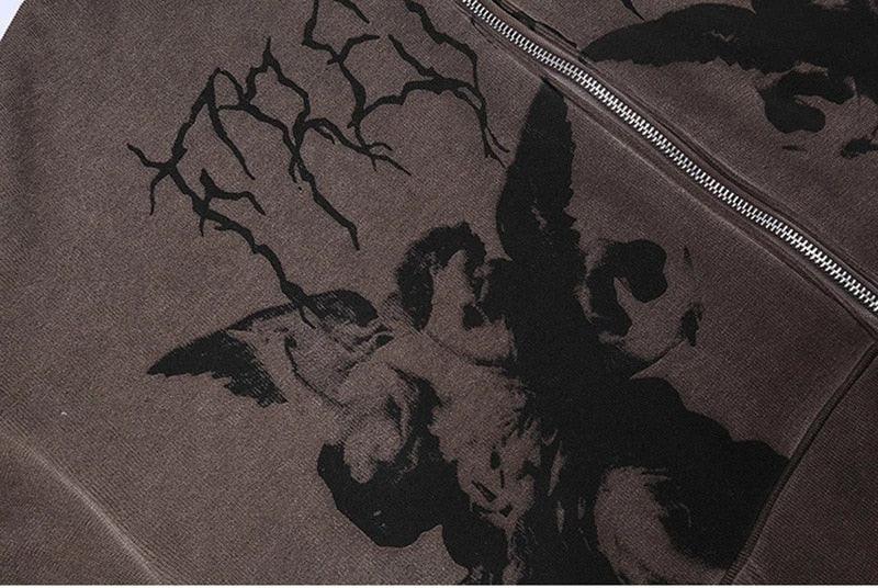 Goth Angel Dark Print Zipper Hoodie for Women | MuddyStock Originals