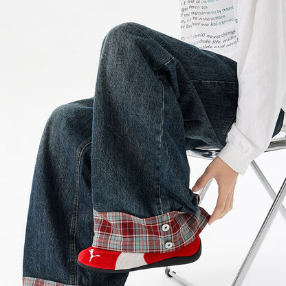 Retro Washed Plaid Cuffed Denim Wide Leg Long Pants For Men And Women | MuddyStock Originals MuddyStock