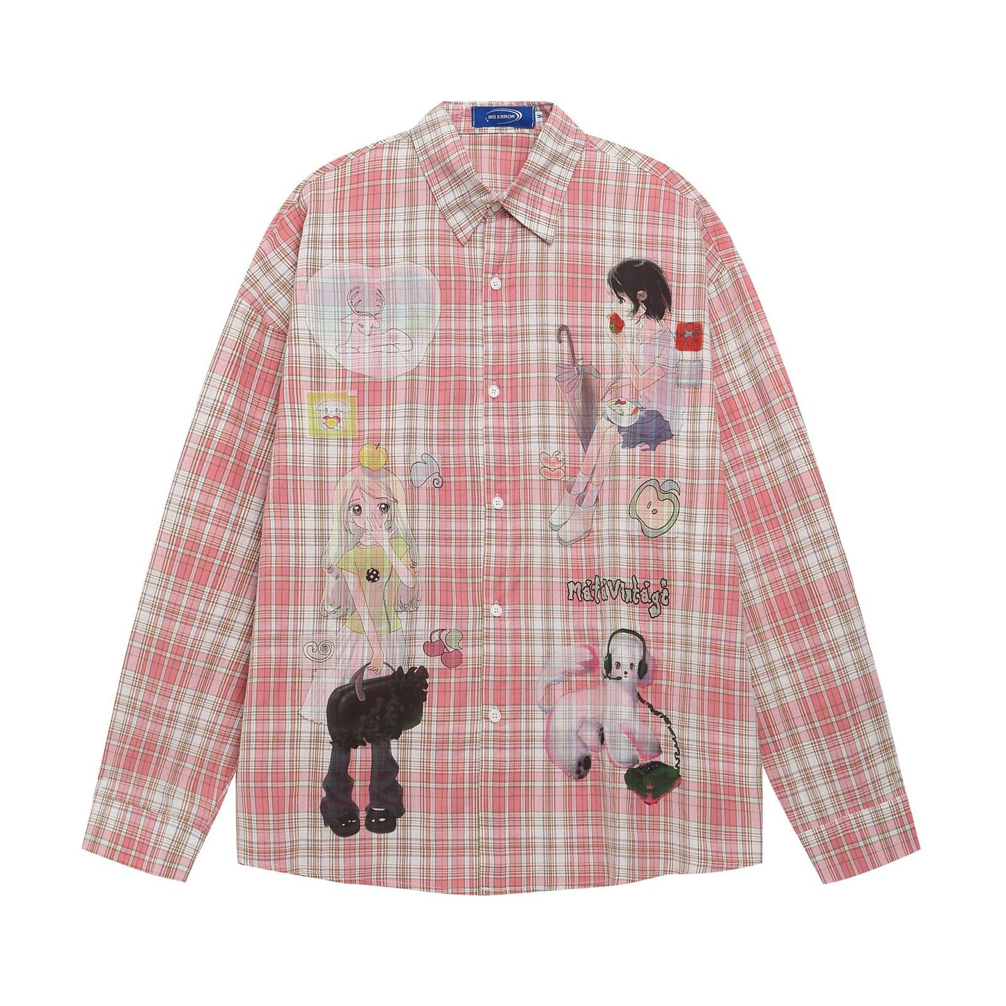 Style Fun Cartoon Print Plaid Long Sleeve Shirt Unisex Loose Fit All-Match Long Sleeve Blouse Jacket Pink eprolo