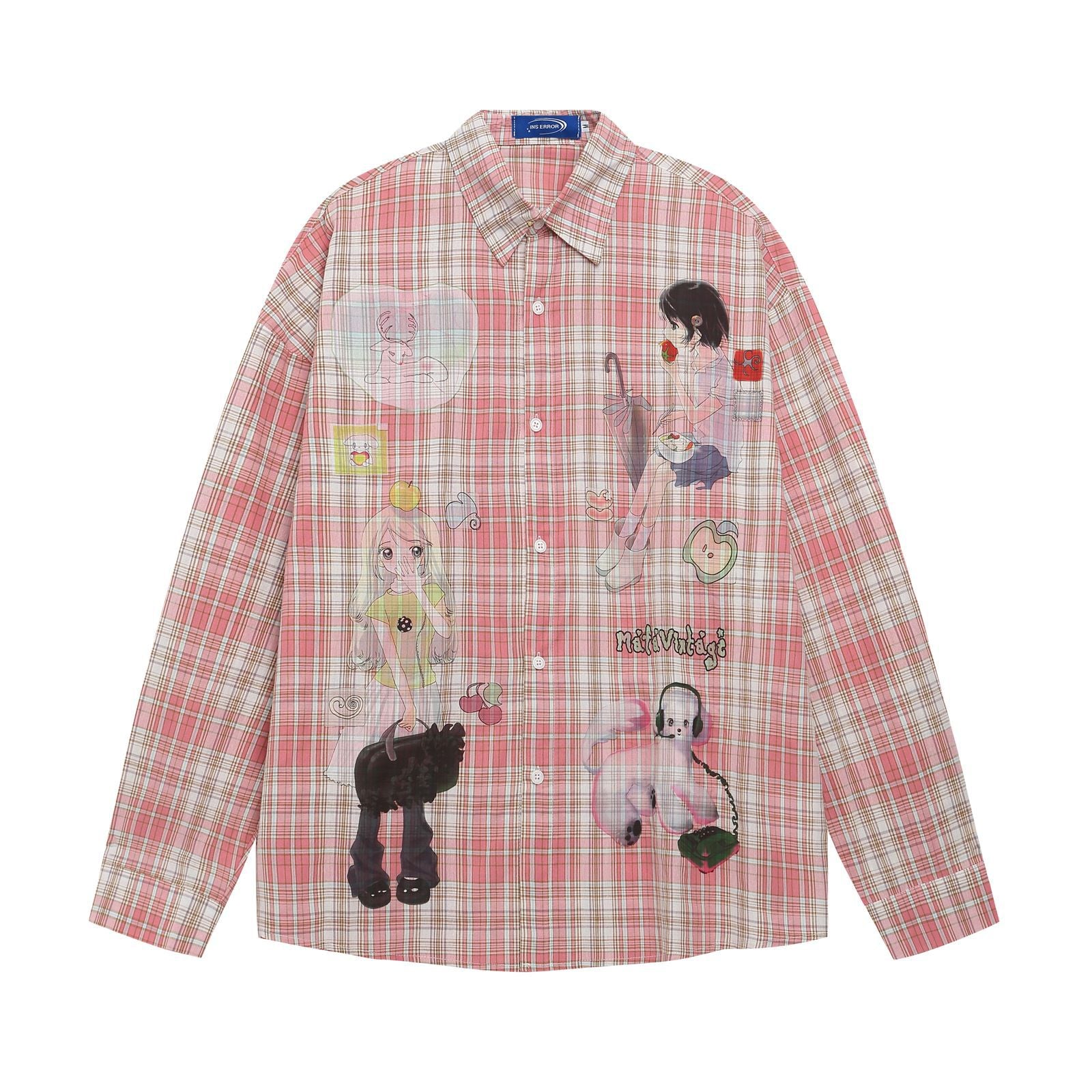 Style Fun Cartoon Print Plaid Long Sleeve Shirt Unisex Loose Fit All-Match Long Sleeve Blouse Jacket Pink eprolo