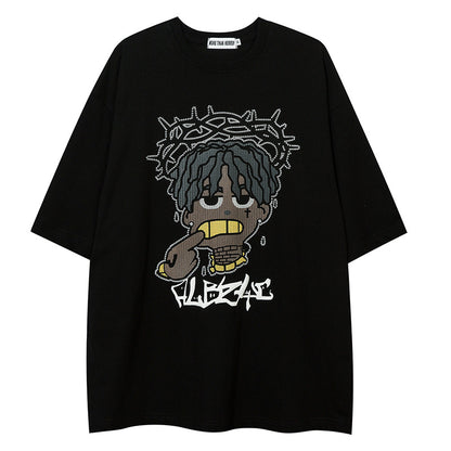 Cartoon Loose Half Sleeve Streetwear Short Sleeve T-Shirt For Men | MuddyStock Originals Black MuddyStock