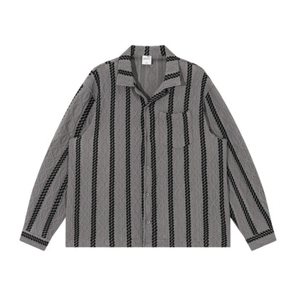 Rich Striped Collar Loose Fit Long Sleeve Shirt Gray