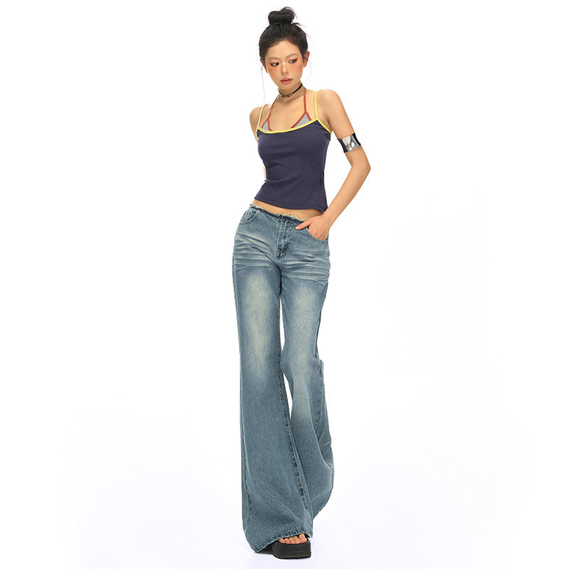 Retro Blue Low-Waist Spicy Girl Denim Pants Women Non-Thigh-Sticking Slim Fit Versatile Drape Flare Jeans