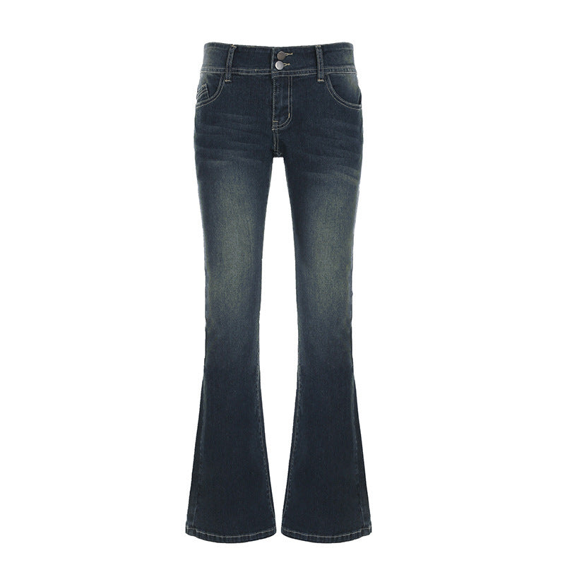 Street Style Faded Low Waist Skinny Flare Jeans Retro Slimming Hip-Lifting Casual Long Pants Blue