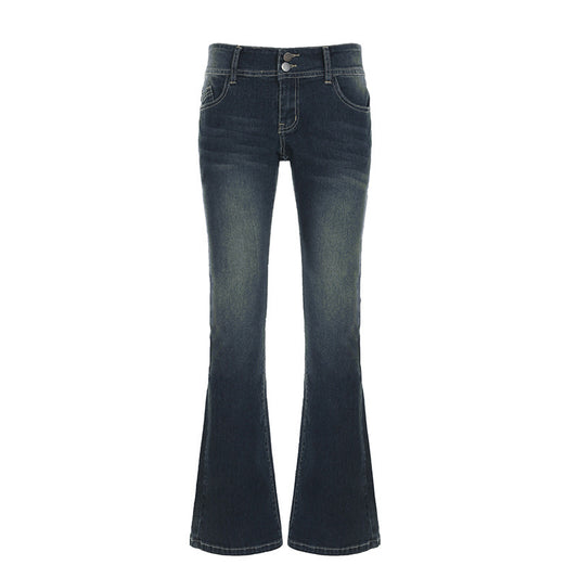 Street Style Faded Low Waist Skinny Flare Jeans Retro Slimming Hip-Lifting Casual Long Pants Blue